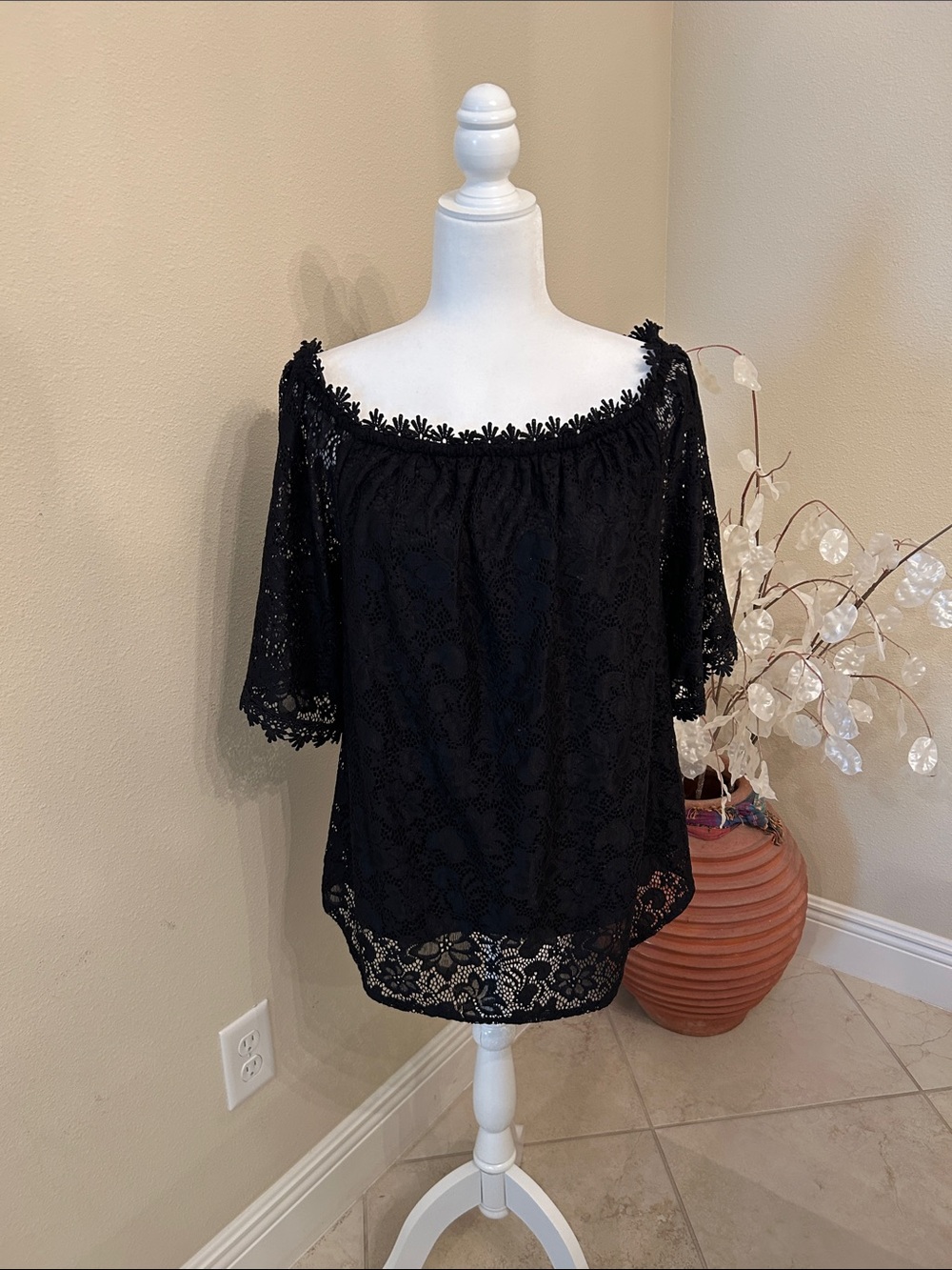 Black Lace Off-Shoulder Blouse with Floral Trim